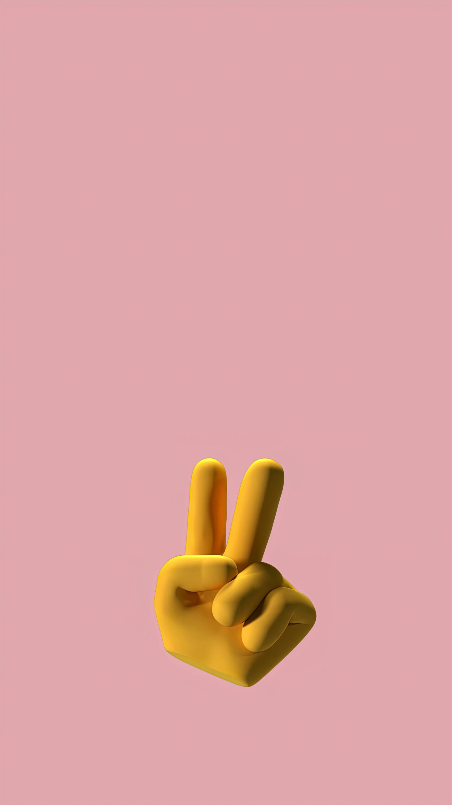 A yellow 3D peace hand gesture against a minimalist pink background, conveying positivity and simplicity.